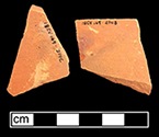 Identified as red border ware by Jacqueline Pearce in 1999, indeterminate vessel form with glazed interior (left) and unglazed exterior (right) sherds with pinkish red paste, from Melon Filed Site 18CV169 /214-B.